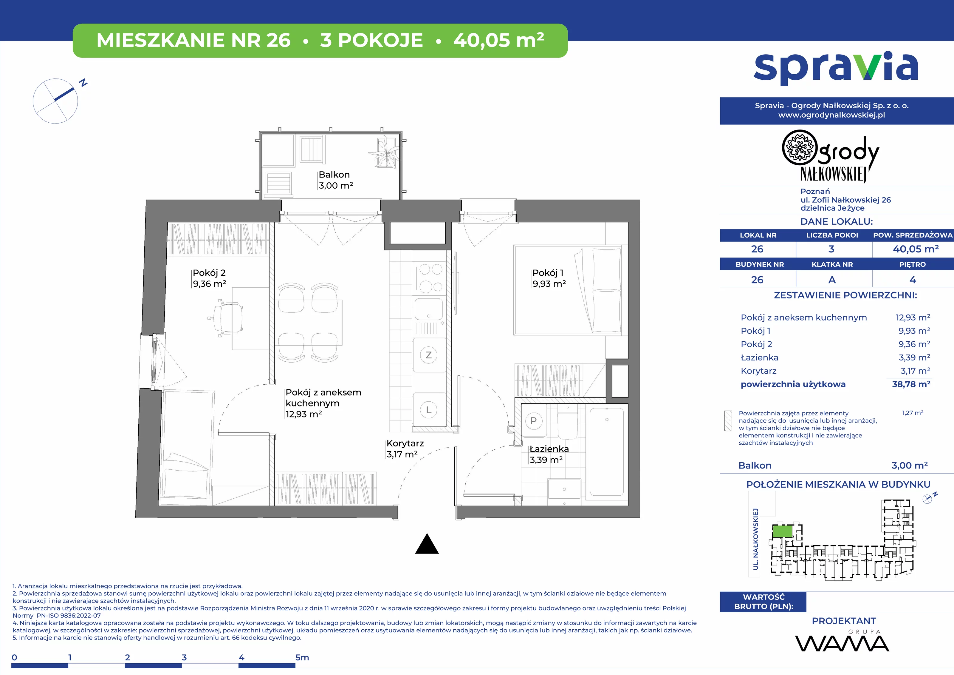 3 pokoje, mieszkanie 40,05 m², piętro 4, oferta nr 26-26, Ogrody Nałkowskiej, Poznań, Ogrody, ul. Nałkowskiej 24, 26